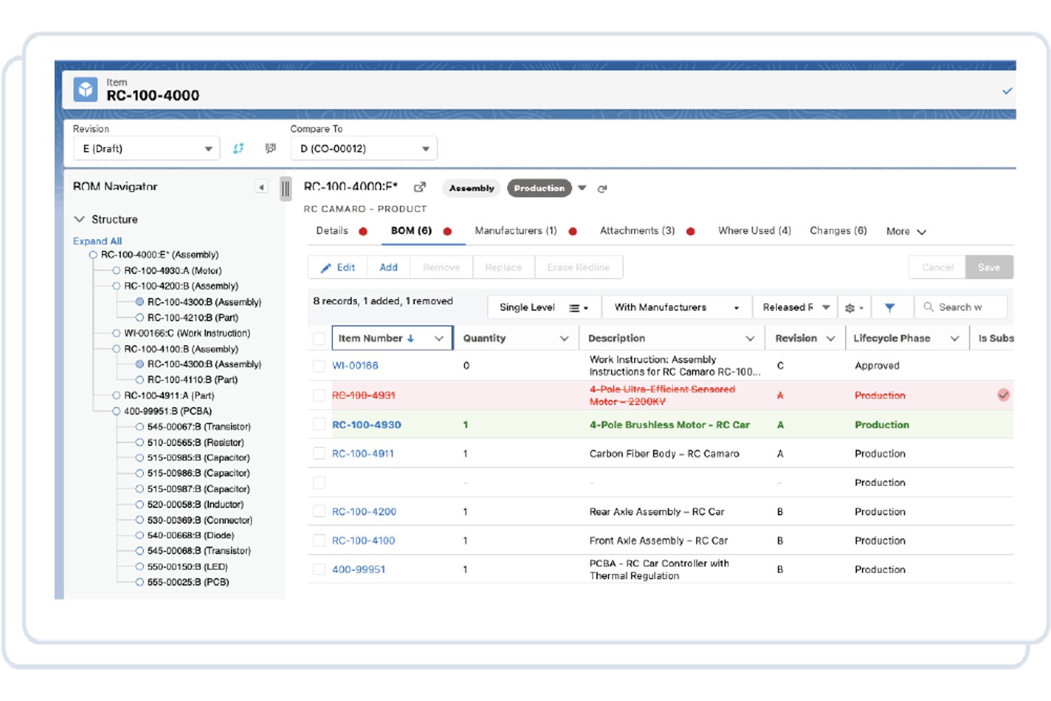 Interfaccia di gestione delle distinte base PLM di Propel che mostra il confronto tra revisioni e l'elenco dei componenti.