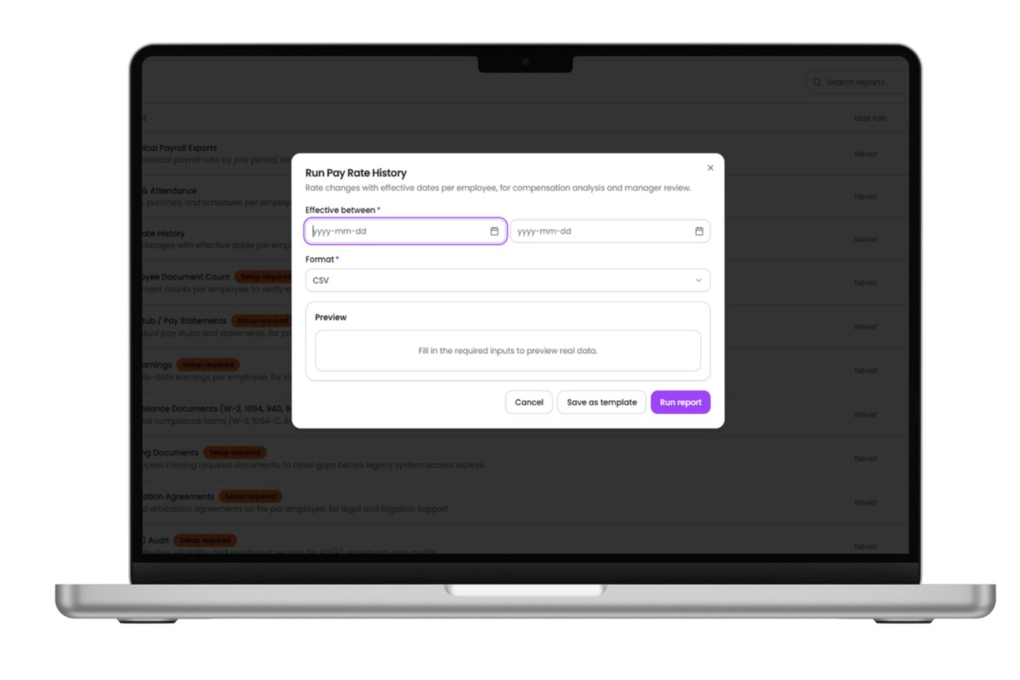 Modal dialog for running a Pay Rate History report with date range and CSV format options.
