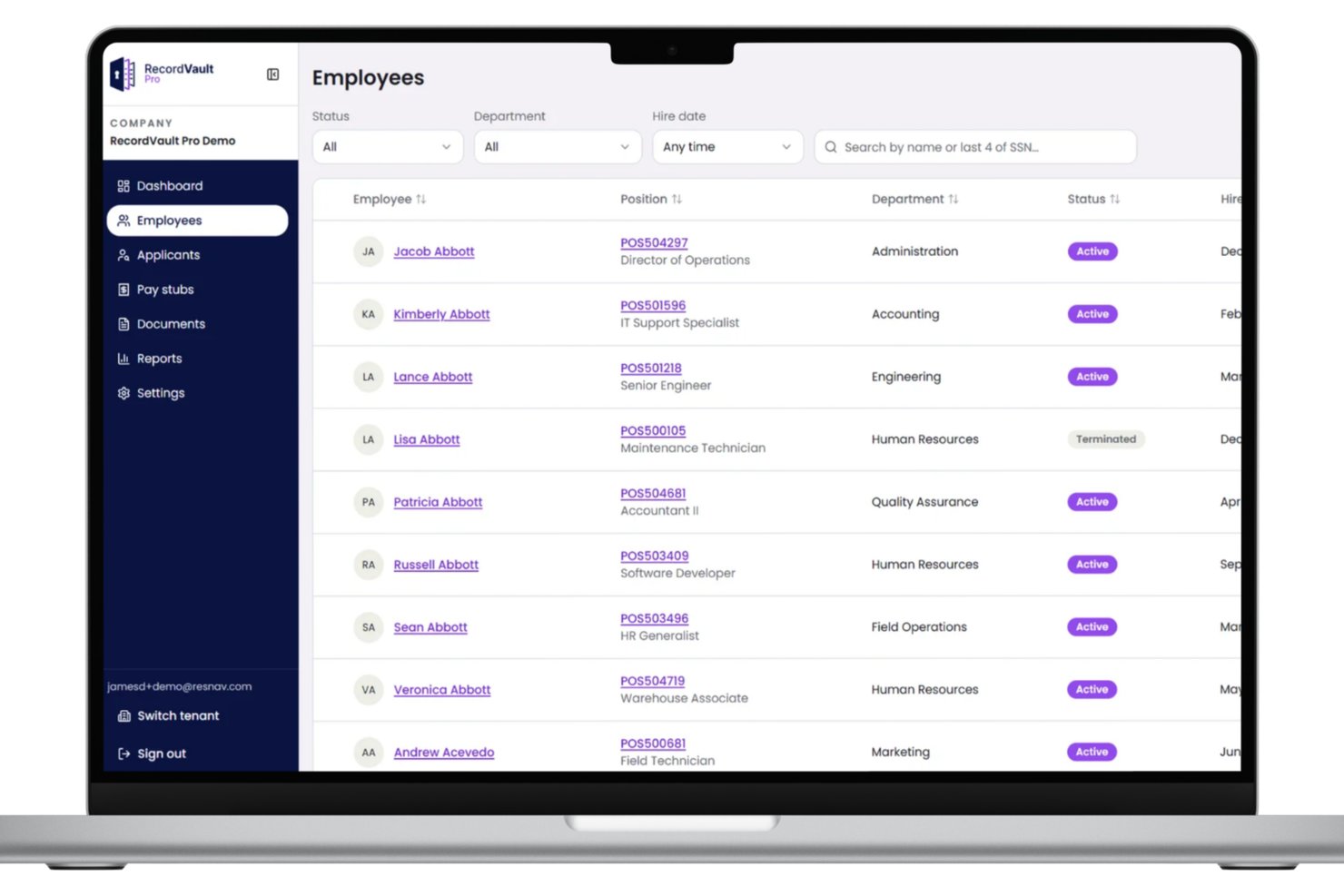 RecordVault Pro employee list showing names, positions, departments, and statuses.