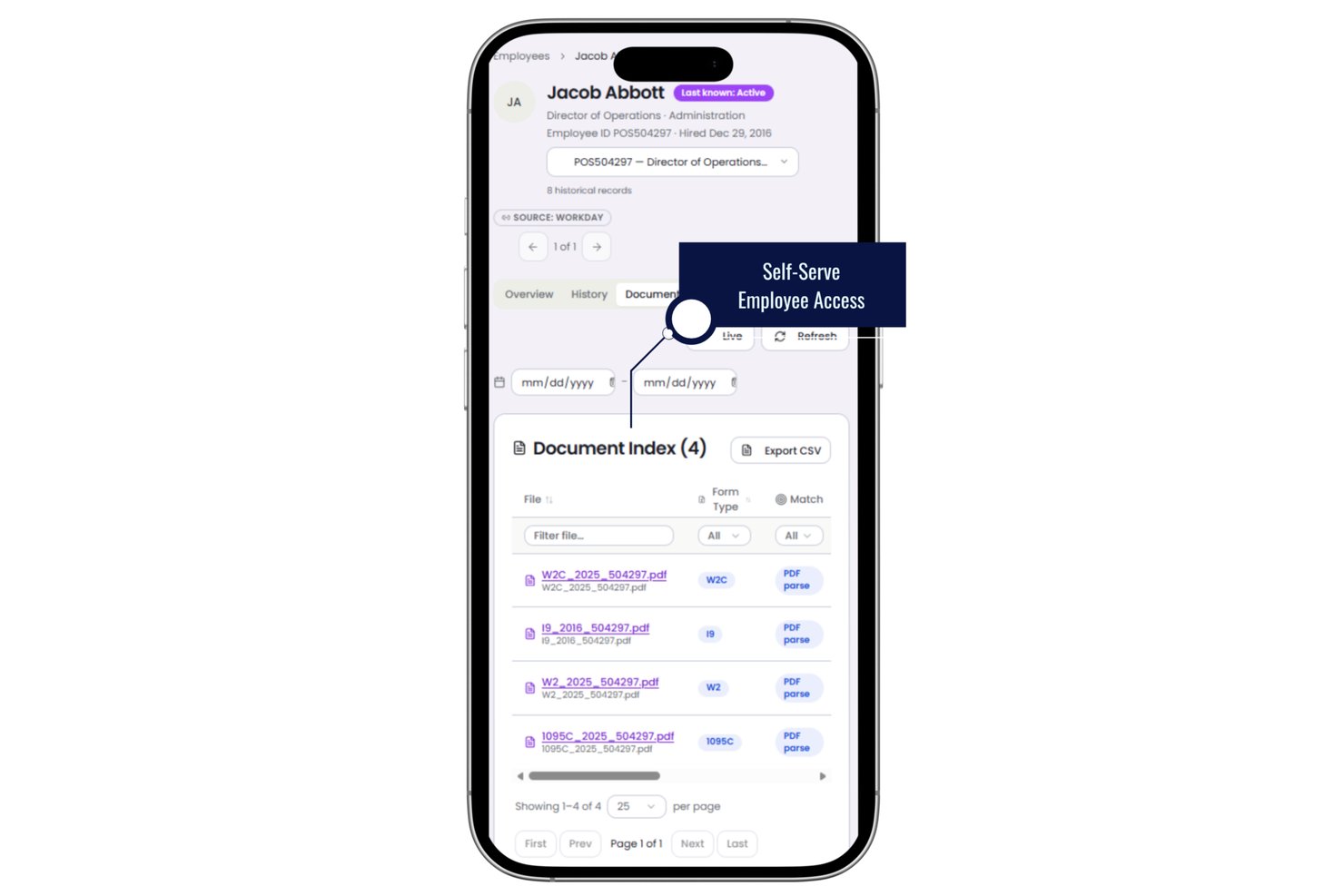 Mobile screen showing employee document index with W2, W2C, I9, and 1095C files.
