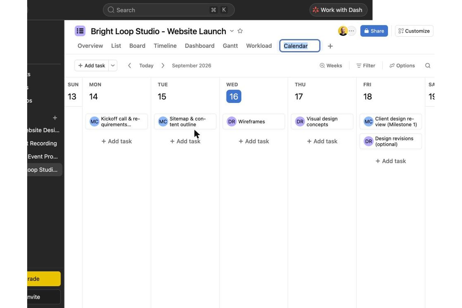 Asana calendar view showing a website launch project schedule for September 2026.