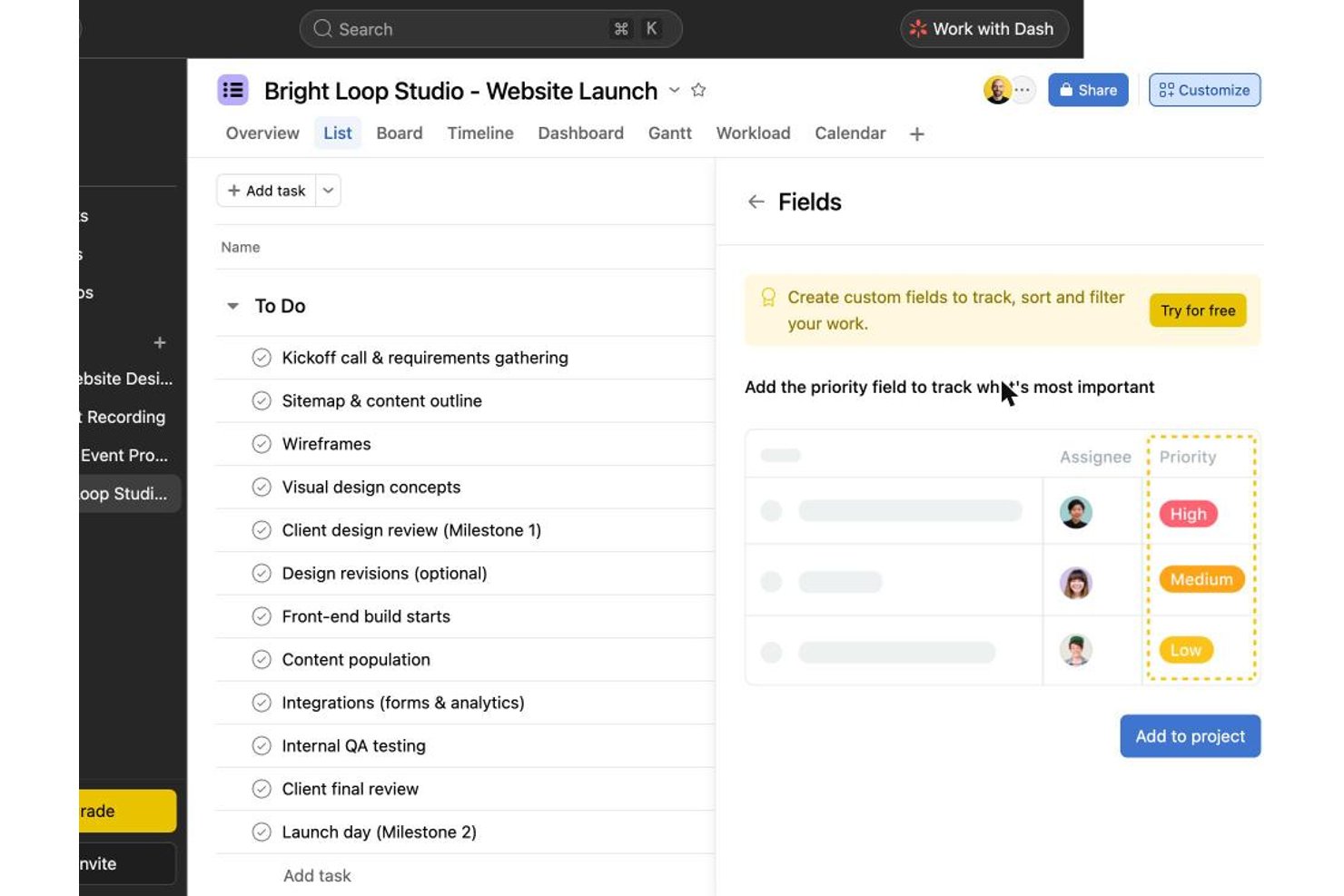 Asana project list with custom priority fields panel showing High, Medium, Low options behind paywall.