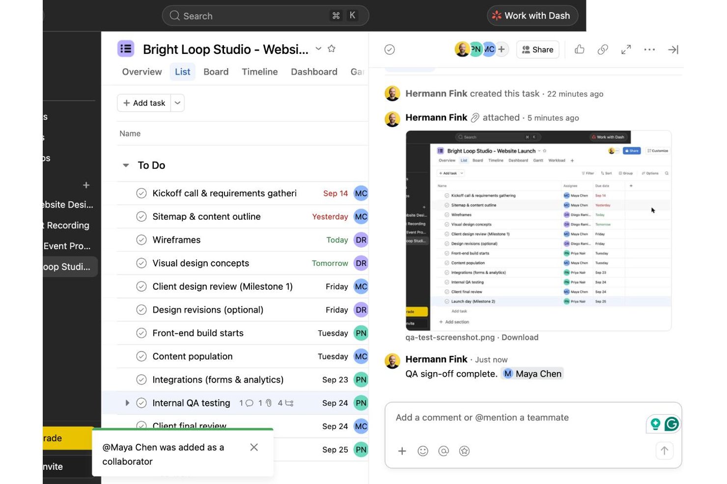 Asana project task list with comments panel showing attachments and teammate mentions.
