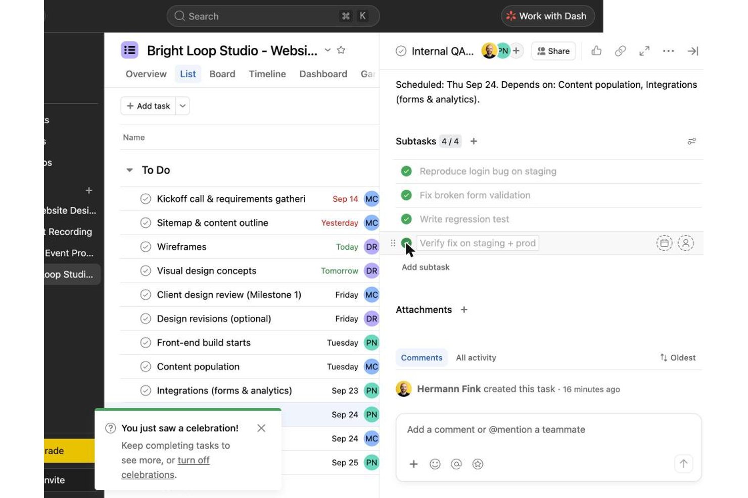 Asana task panel showing subtasks checklist with four items, three completed.