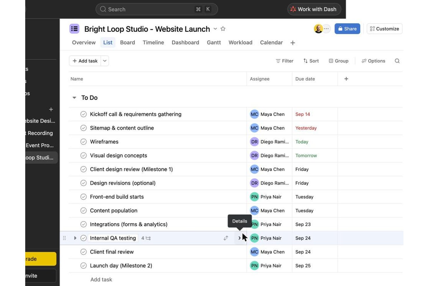 Asana list view showing website launch tasks with assignees and due dates.