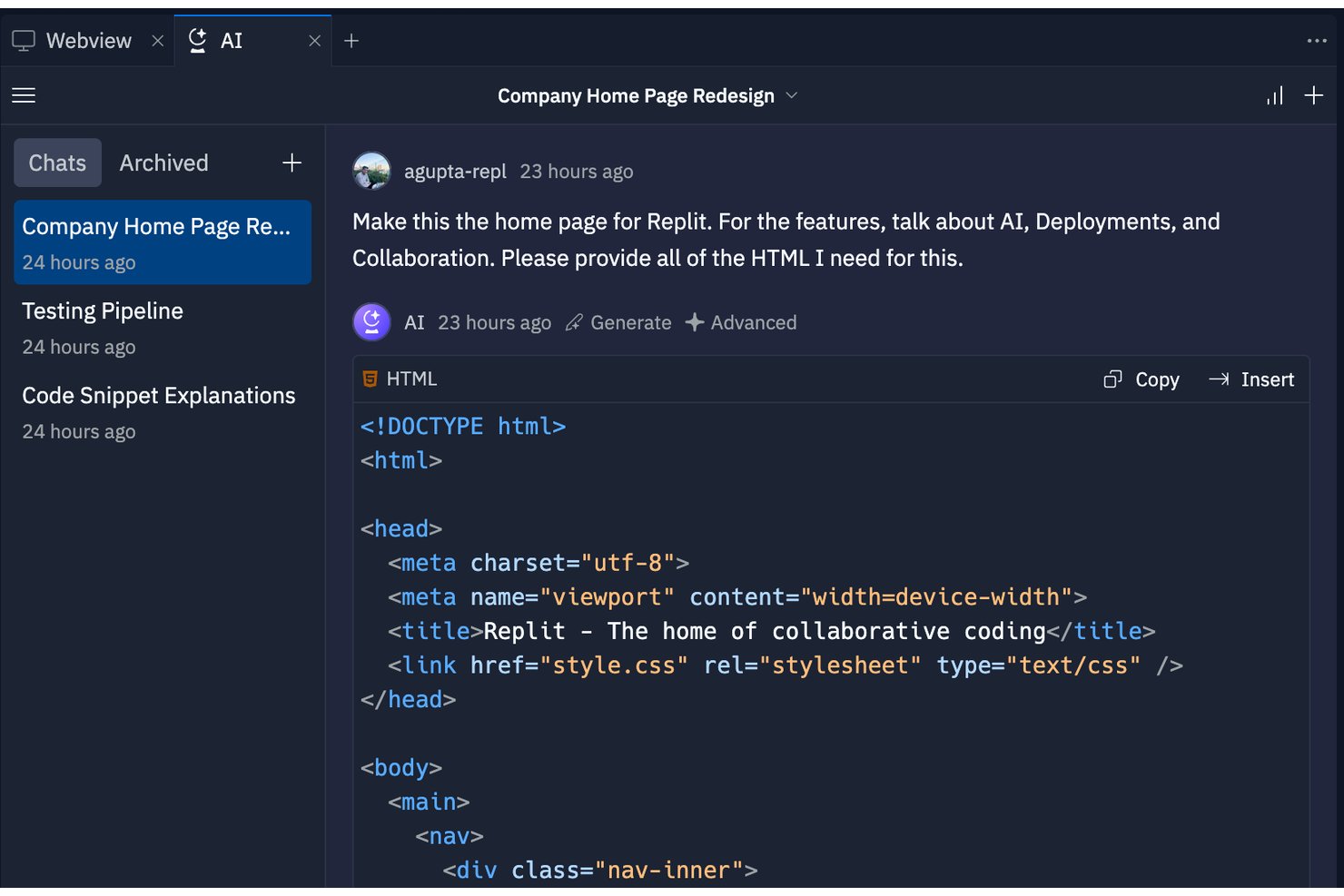 Pannello della chat IA di Replit che mostra il codice HTML generato per la riprogettazione della pagina iniziale di un'azienda.