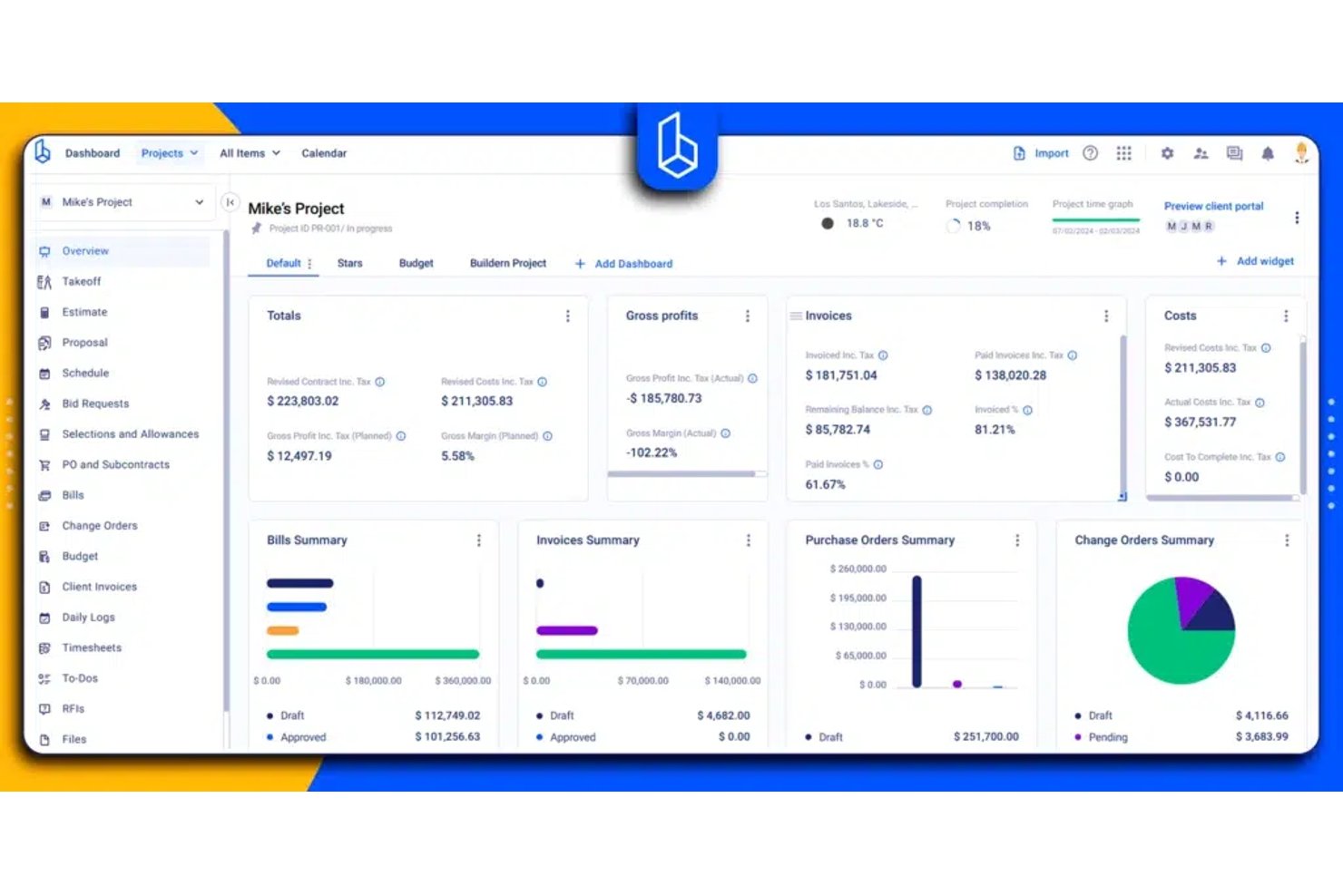 Buildern project dashboard showing financials, invoices, costs, and summary charts.