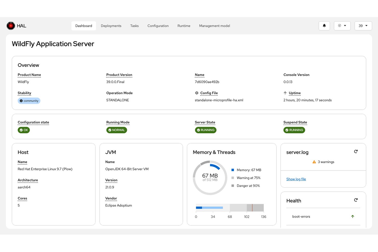 WildFly HAL dashboard showing server status, JVM info, memory usage, and logs.