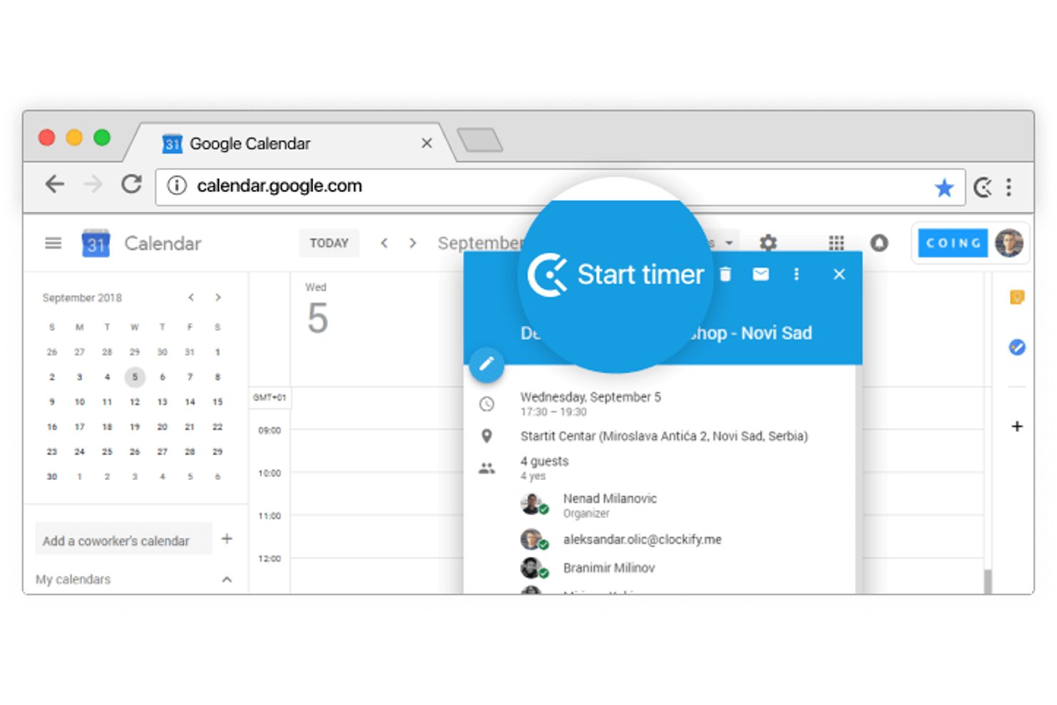Clockify timer popup on Google Calendar event with guest details visible.