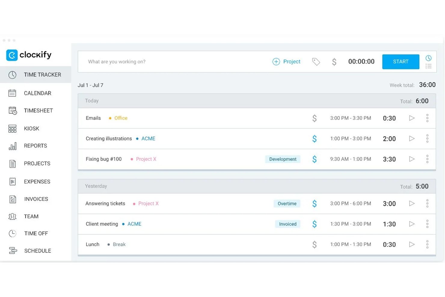 Clockify time tracker dashboard showing daily time entries with project tags and durations.