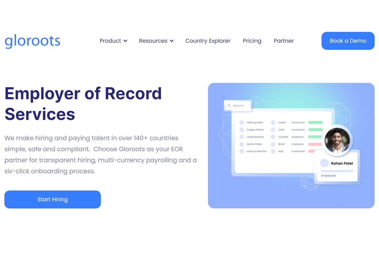 Gloroots Employer of Record Services homepage with employee list dashboard UI.