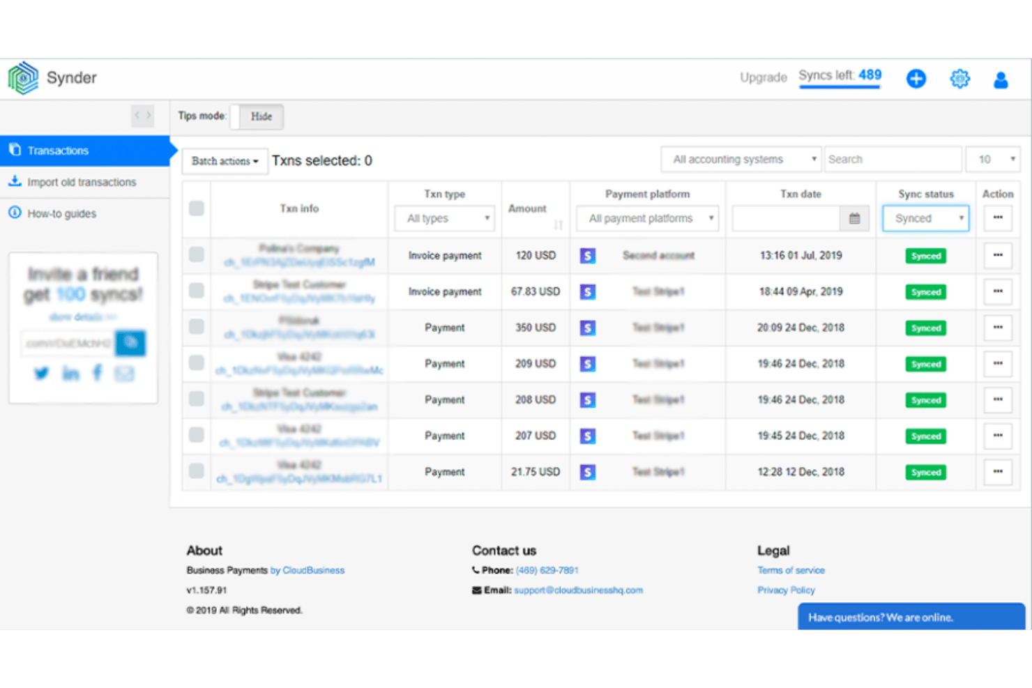 Tableau de bord Synder affichant une liste de transactions synchronisées avec les colonnes de la plateforme de paiement et de la date.