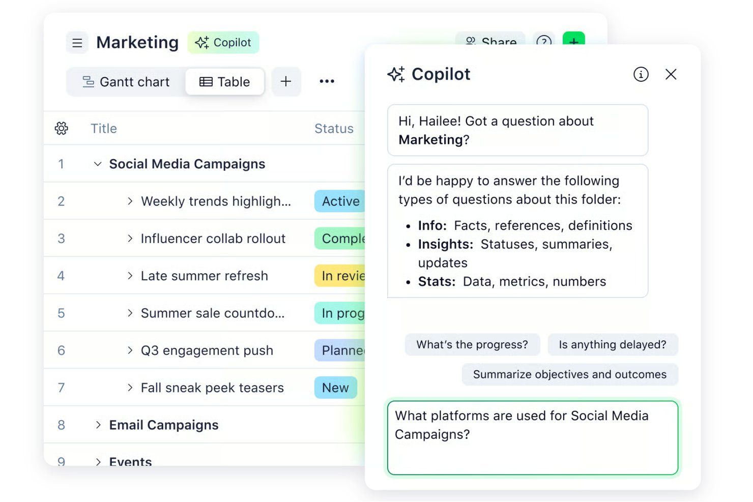 Wrike marketing project list with Copilot AI chat panel open on right.