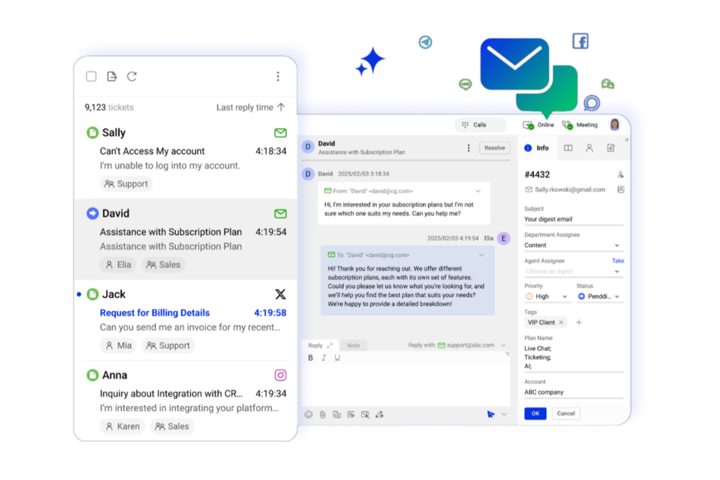 Customer support ticketing interface showing multichannel conversations and ticket details panel.