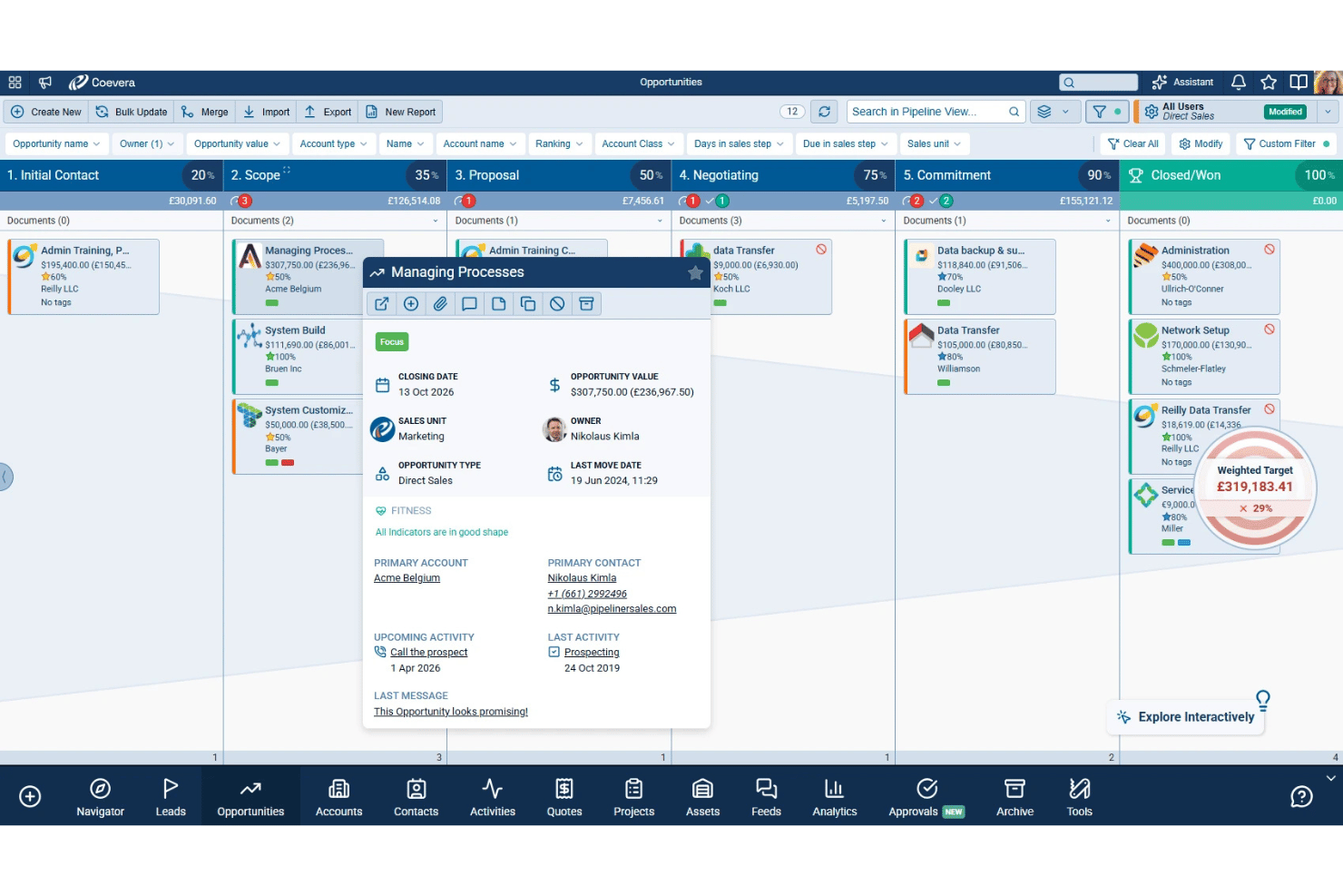 Coevera kombiniert visuelle Vertriebspipelines, KI-Tools, Schlüsselkundenmanagement und No-Code-Workflows.