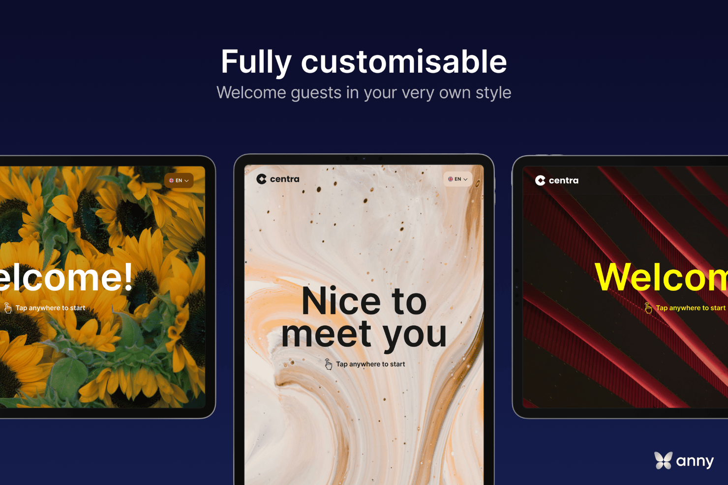 anny visitor management software showing customizable tablet check-in screens with branded backgrounds, logos, and welcome messages.
