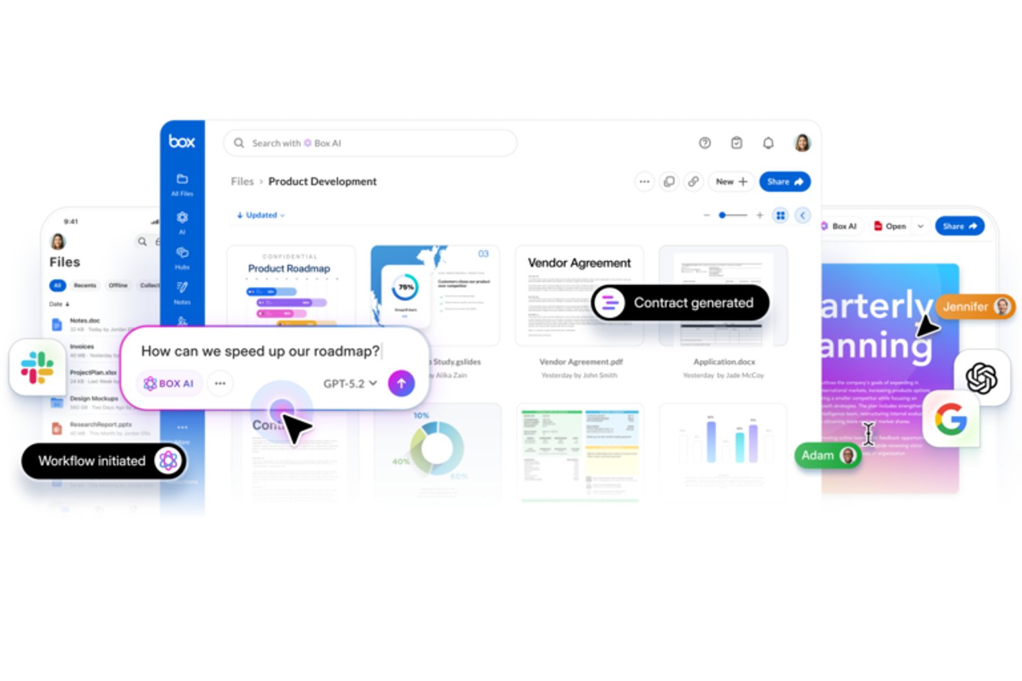 Box interface showing AI chat, contract generation, and file collaboration features.