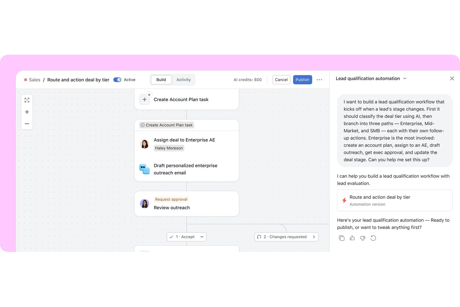 Asana AI Studio workflow builder with chat panel creating a lead qualification automation.