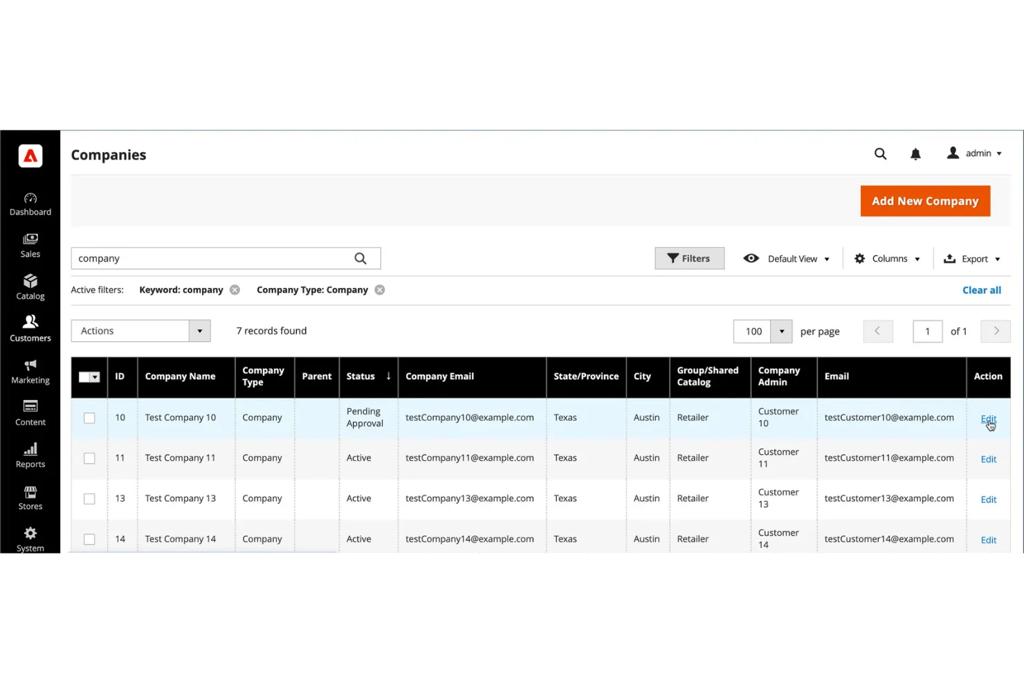 Panneau d’administration d’Adobe Commerce affichant une liste d’entreprises avec sept enregistrements et des options de modification.