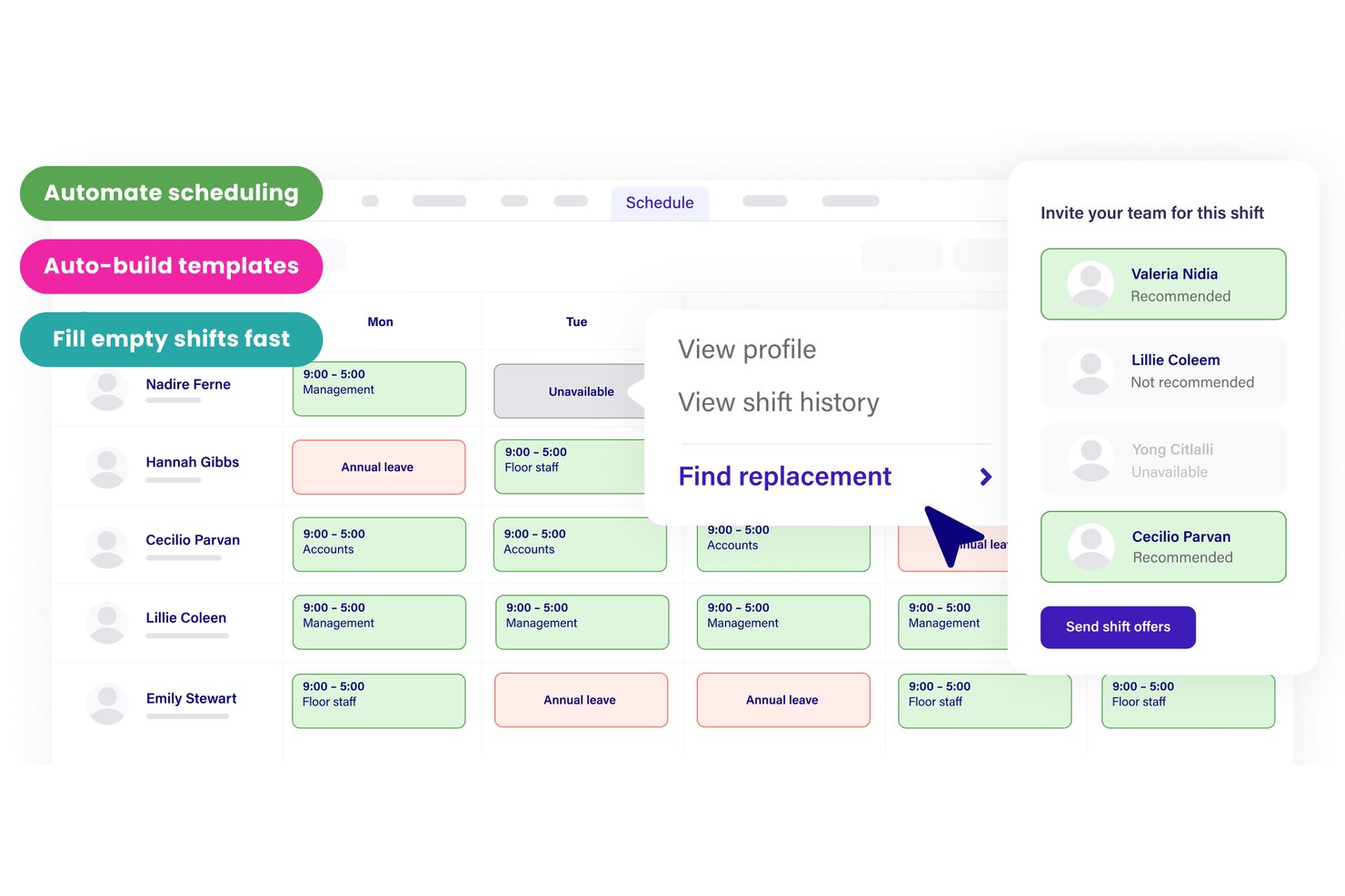 Deputy scheduling dashboard showing staff shifts, leave, and replacement recommendations.