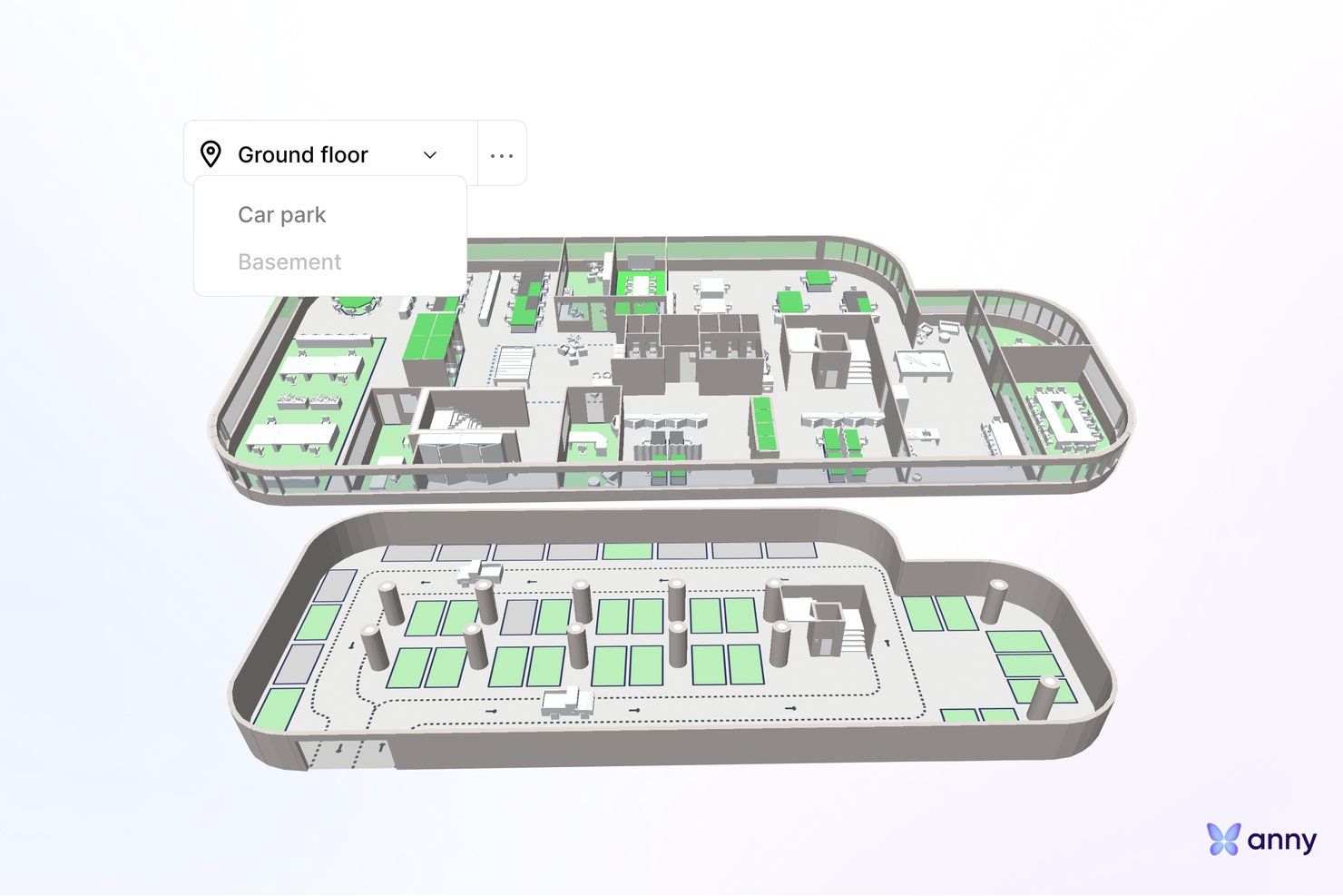 3D floor plan showing ground floor office layout and car park below, with floor selector dropdown.
