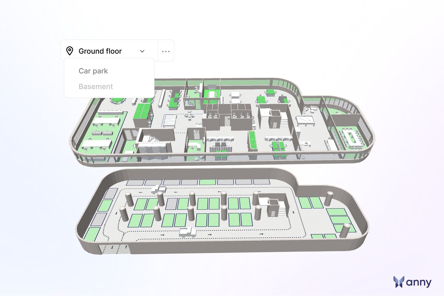 3D building floor plan with ground floor and car park views, floor selector dropdown open.