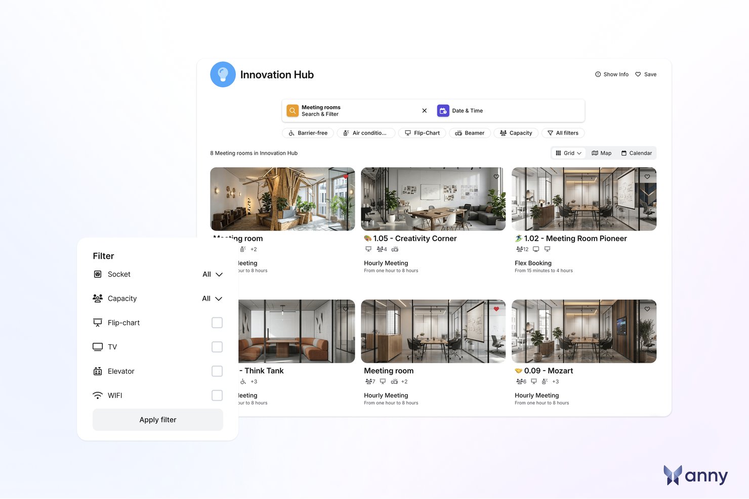 Meeting room booking interface showing grid view with filters and room cards.