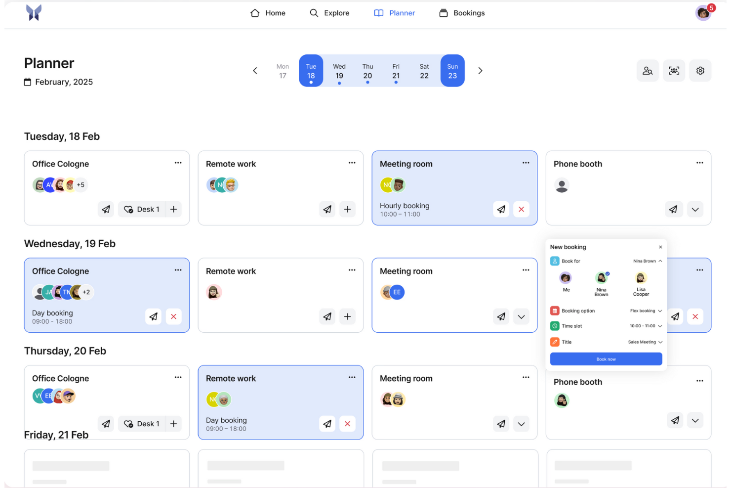 Anny planner dashboard showing weekly office, remote, and meeting room bookings.