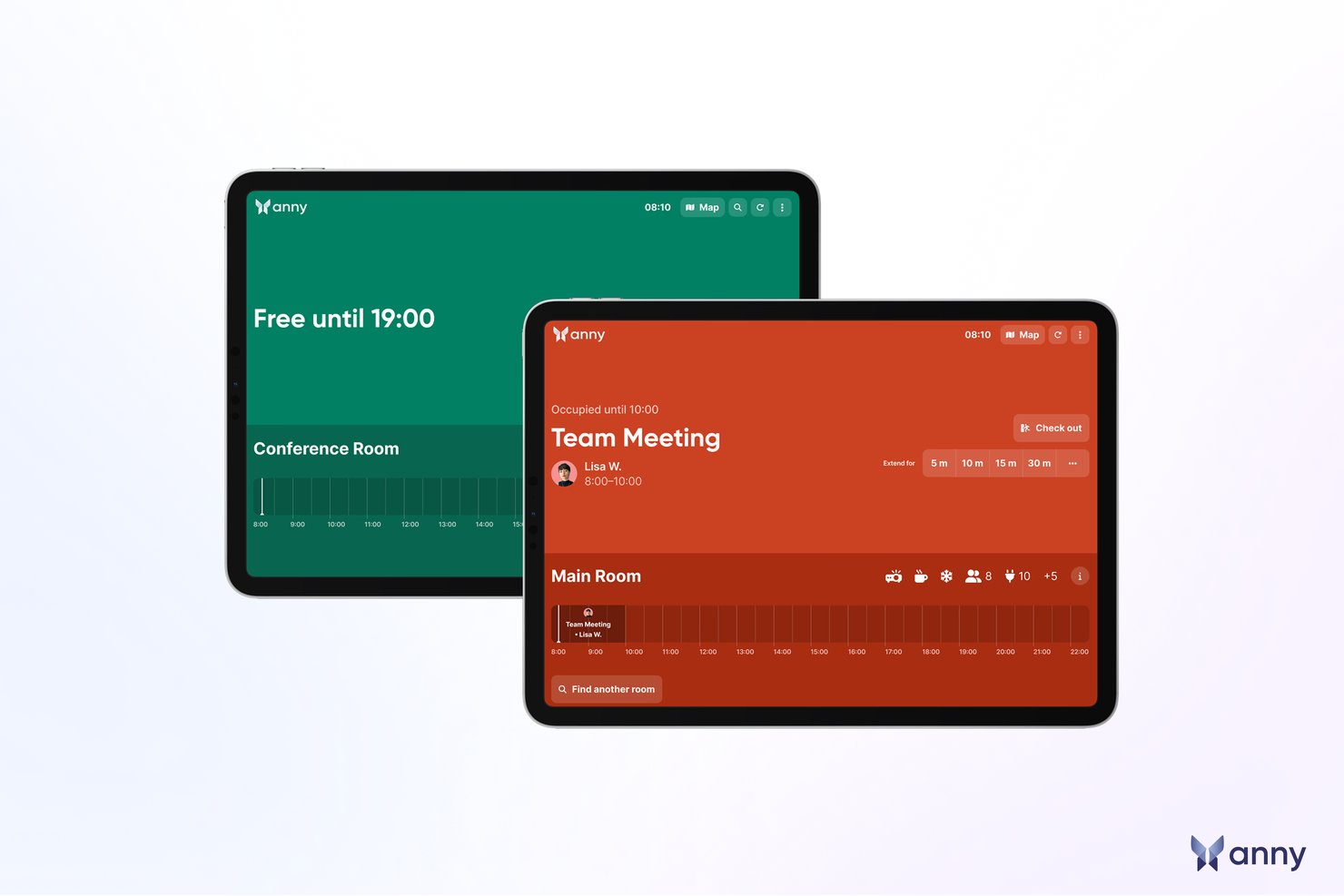 Two tablets showing anny room booking app with free and occupied meeting room screens.