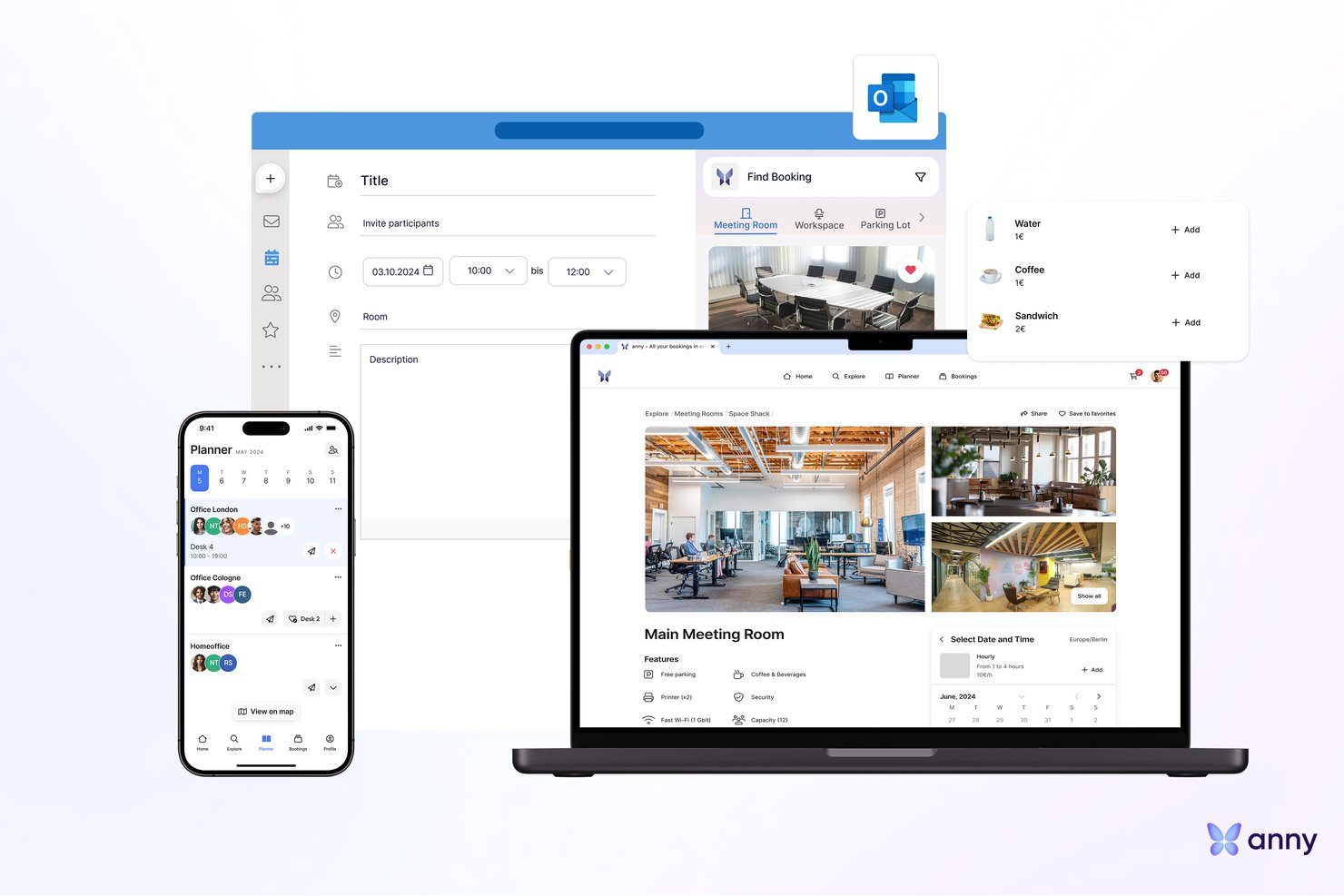 Anny workspace booking app shown on phone, tablet, and laptop screens.