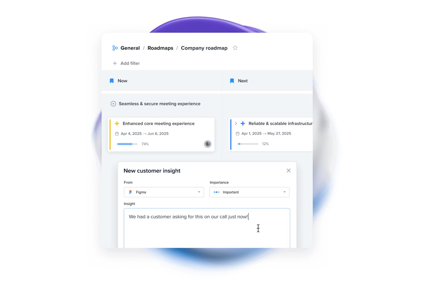 Roadmap aziendale di Productboard con un modulo sovrapposto per un nuovo insight del cliente che mostra la fonte Figma.