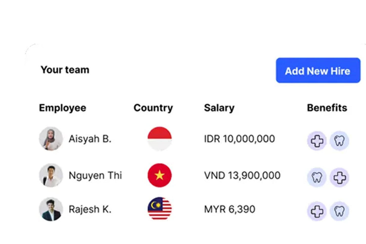 Team dashboard showing three employees with country flags, salaries, and benefits icons.
