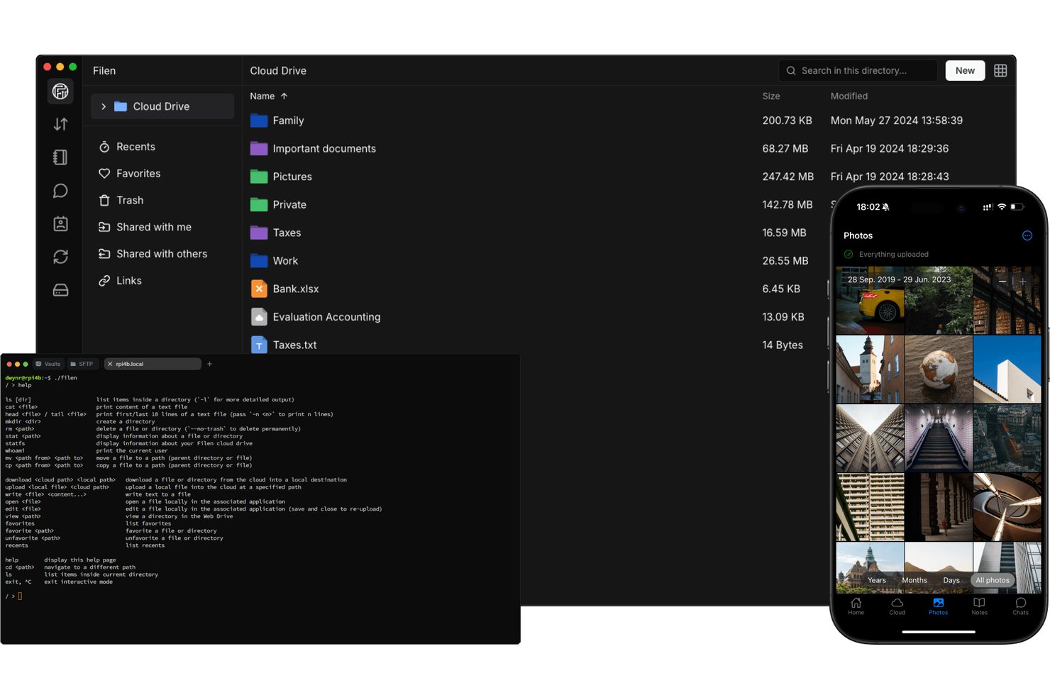 Filen-clouddrevets computerapp, terminal-CLI og grænseflade til synkronisering af fotos på mobilenheder.