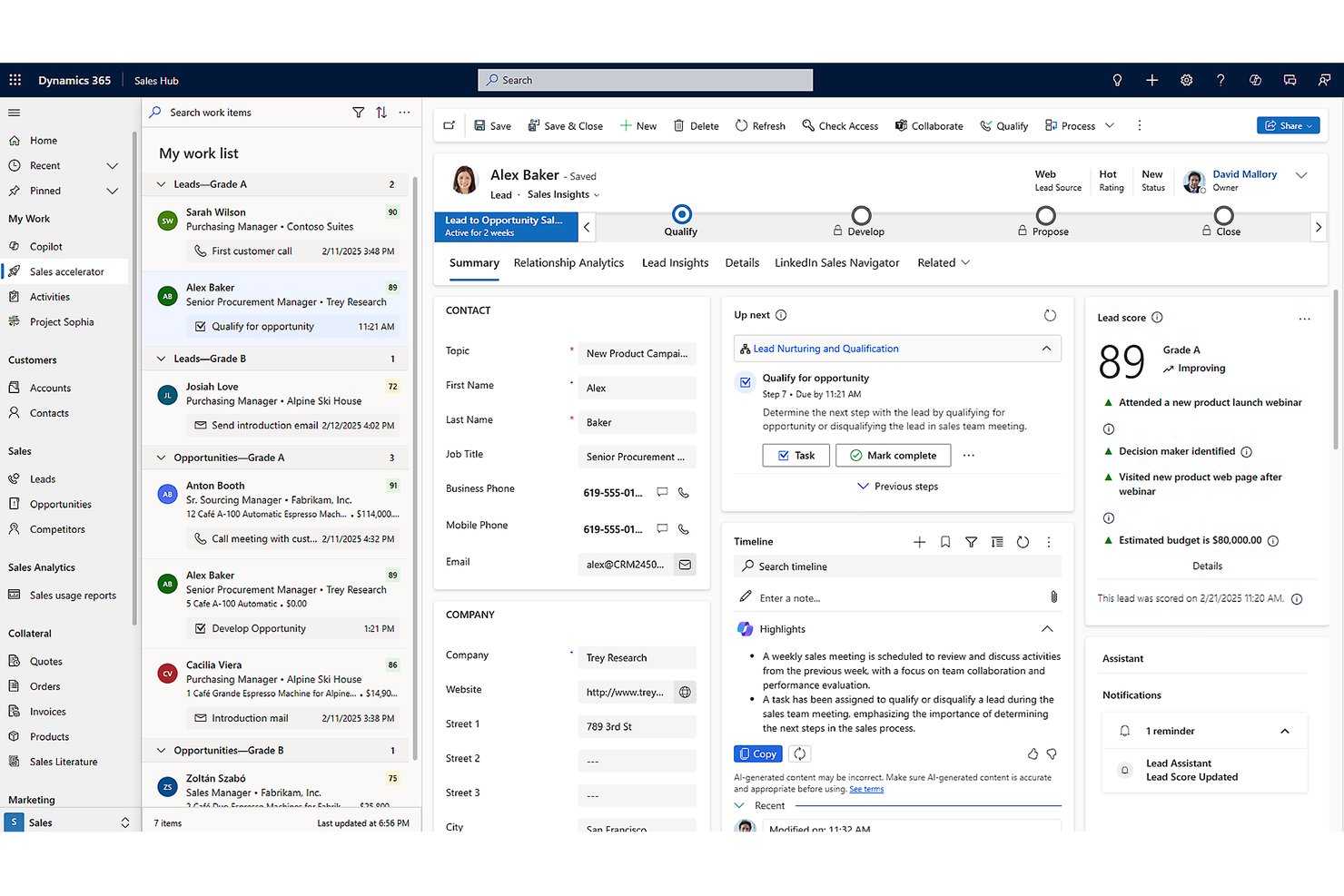 Microsoft Dynamics 365 Sales Hub showing a lead record with scoring, timeline, and next steps.