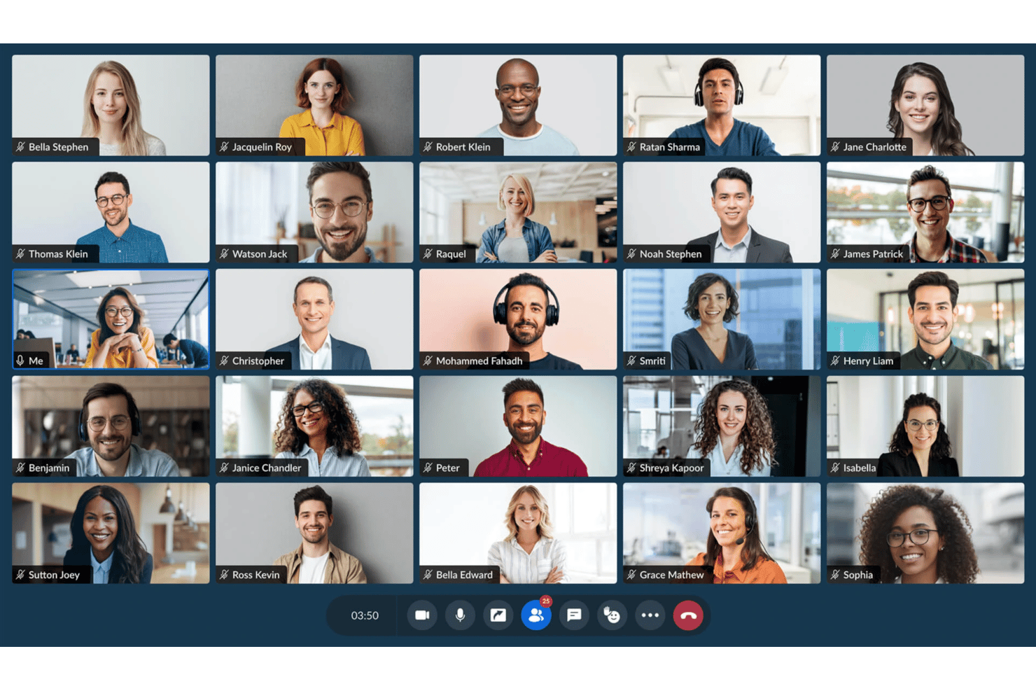 Video call interface showing 25 participants in a grid layout with controls.