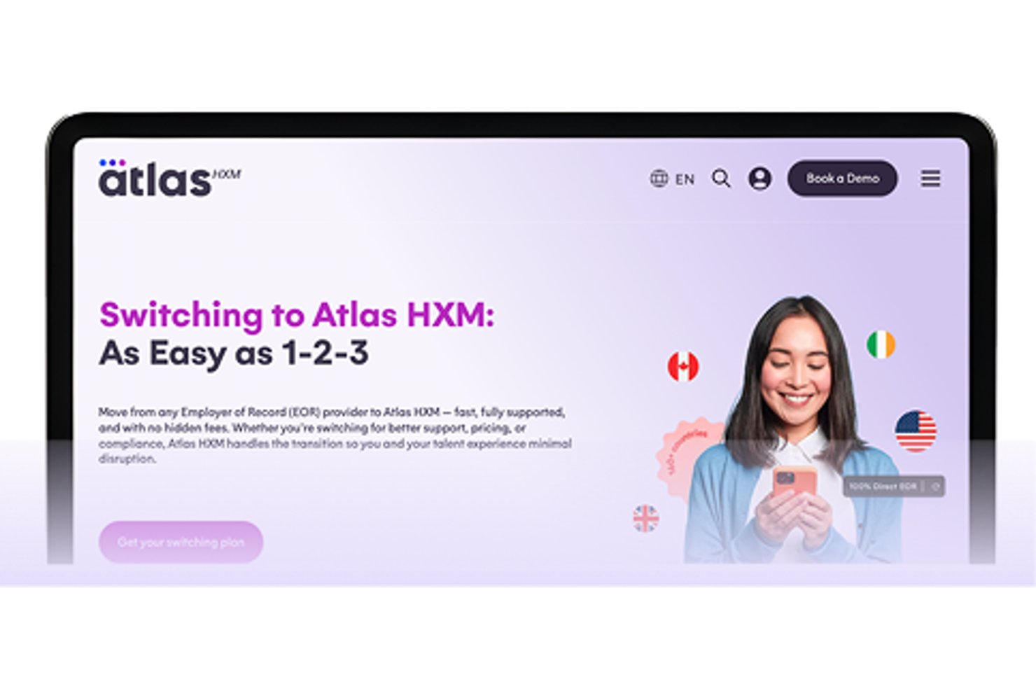 Atlas HXM webpage promoting easy EOR switching with headline '1-2-3'.