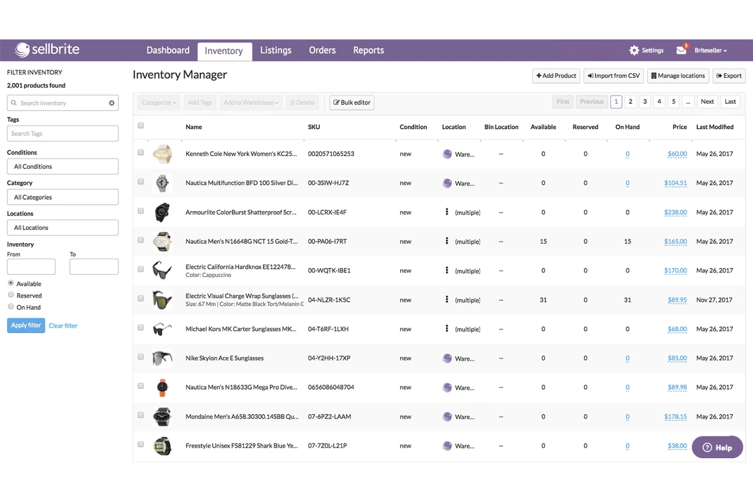 Le gestionnaire de stocks Sellbrite affichant les annonces produits avec le SKU, le prix et les niveaux de stock.
