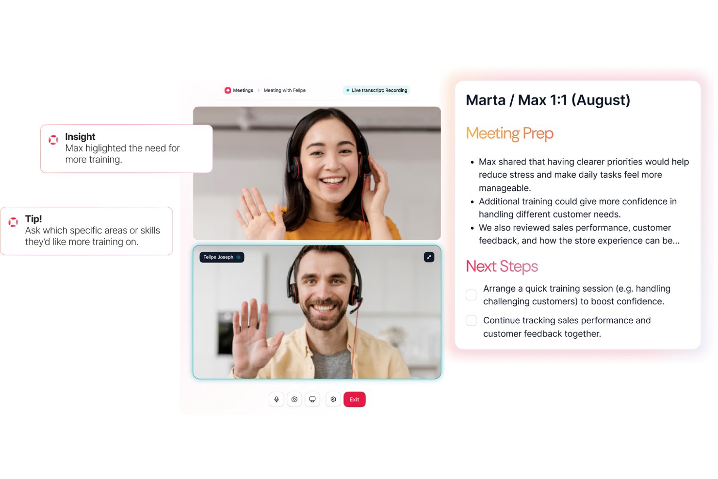 Video call interface with AI insights, tips, and meeting prep notes panel.