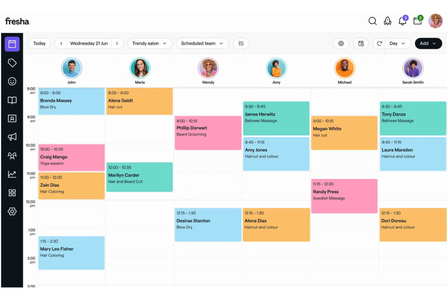Tableau de bord de planification d'un salon Fresha affichant les rendez-vous quotidiens du personnel sous forme de blocs aux couleurs différentes.