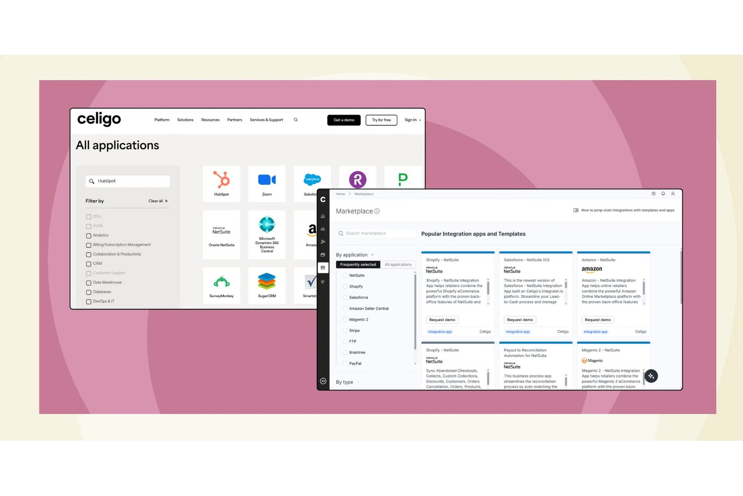 Piattaforma iPaaS Celigo che mostra la pagina con tutte le applicazioni e il mercato con modelli di integrazione.