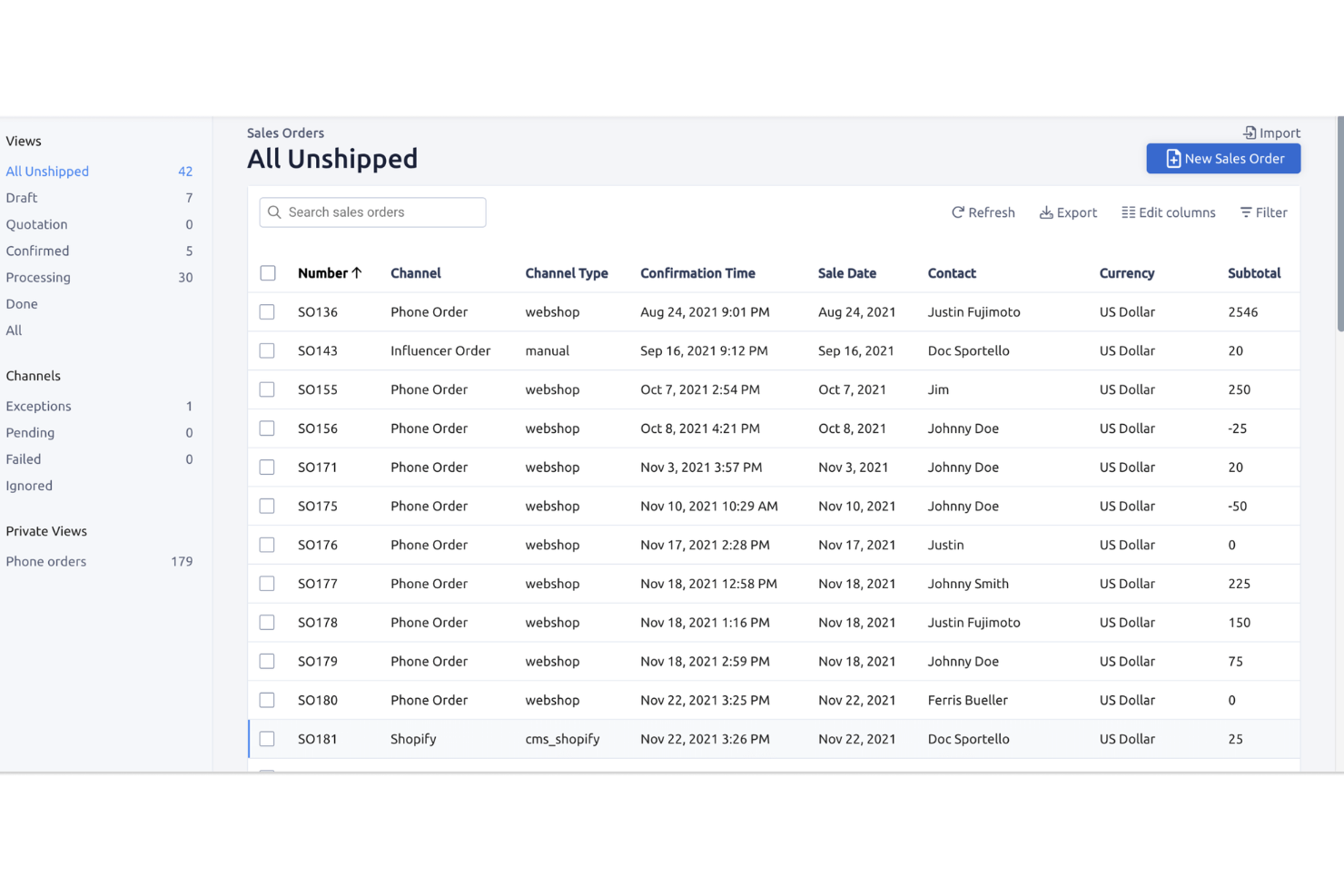 Tableau de bord des commandes clients affichant une liste de commandes non expédiées avec les canaux, les dates et les sous-totaux.