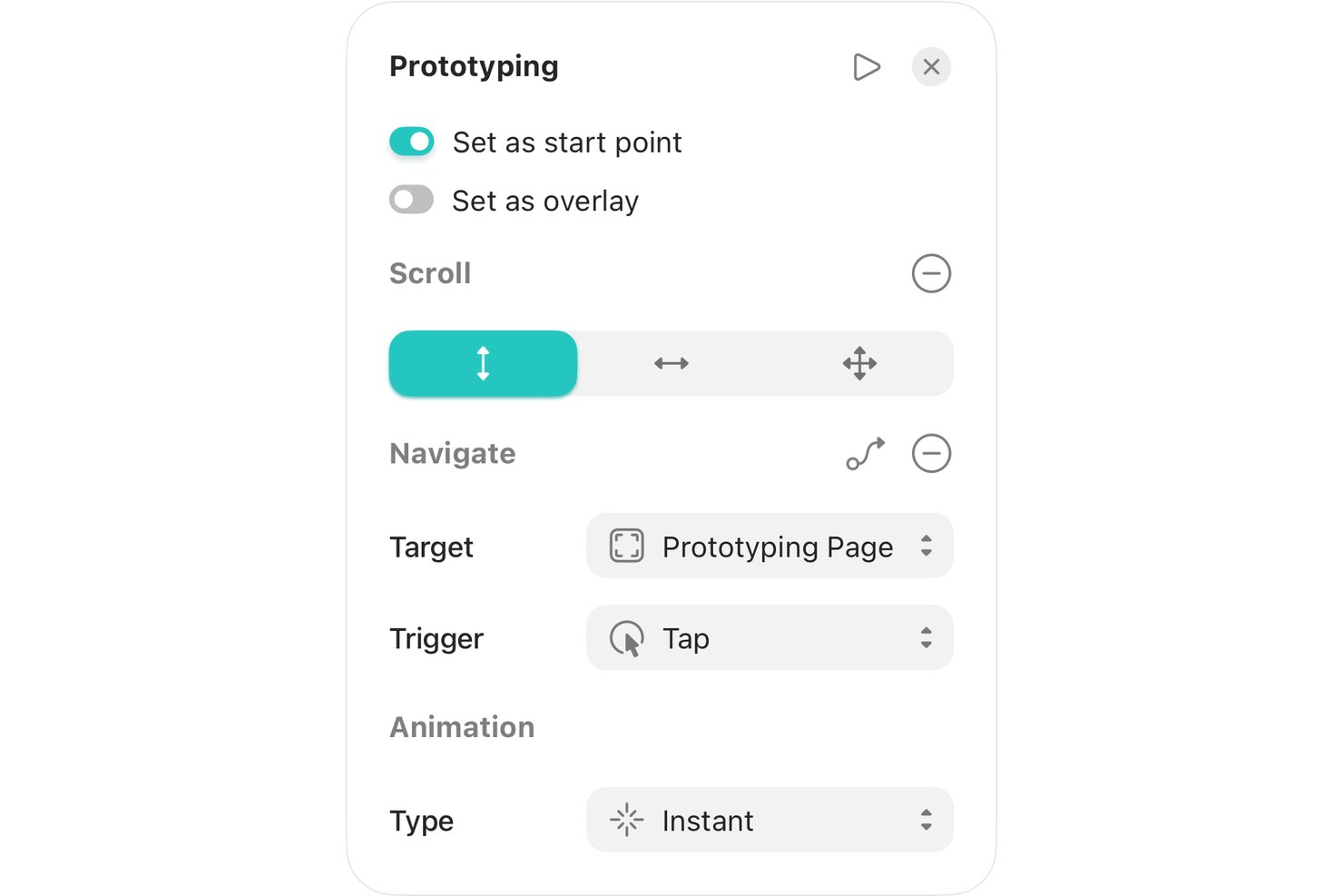 Panel de creación de prototipos de Sketch que muestra la configuración de desplazamiento, navegación, activador y animación.