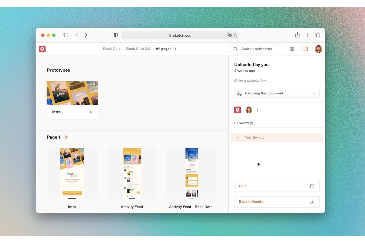 Sketch web app showing prototypes and artboards for a Book Club mobile app project.