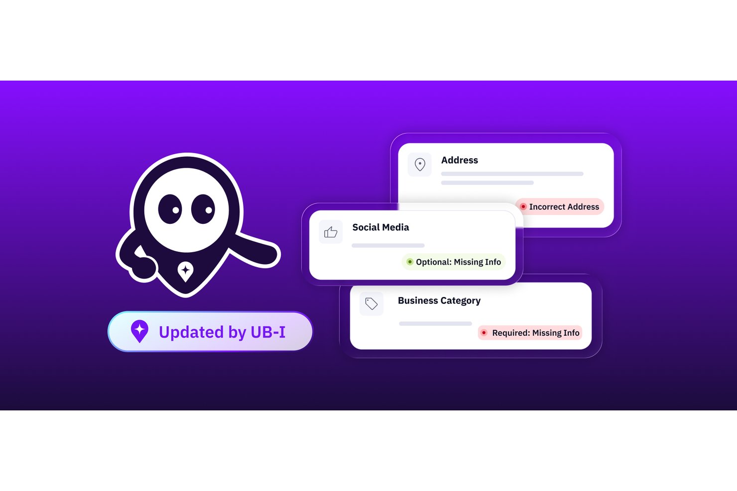 Interface de l’agent UB-I d’Uberall affichant les champs d’adresse, de réseaux sociaux et de catégorie d’entreprise avec des alertes d’état.