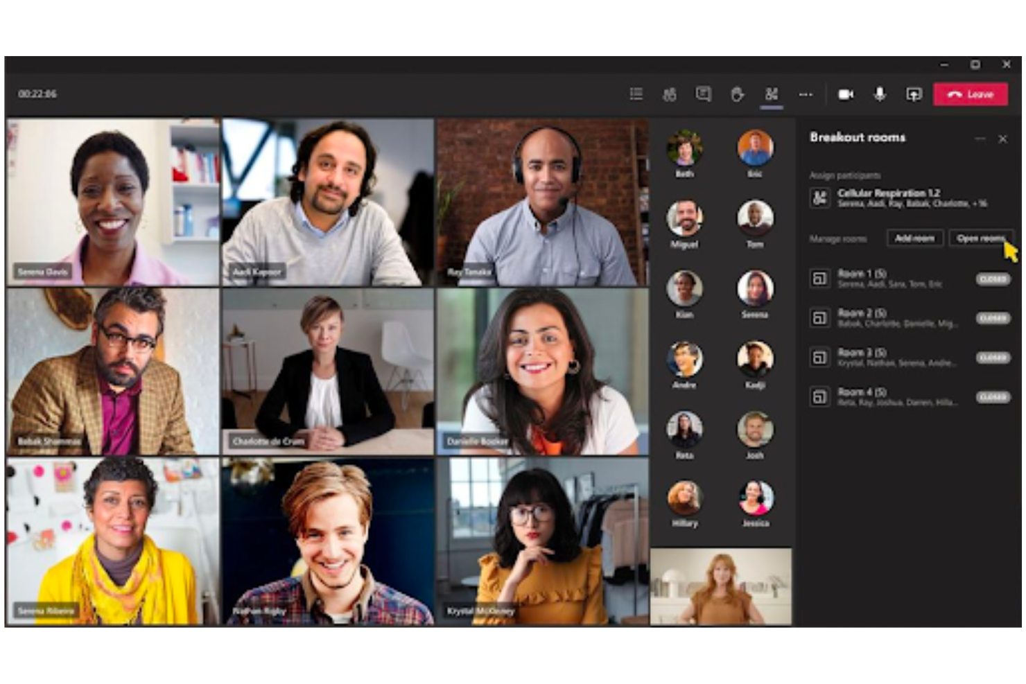 Microsoft Teams video call with breakout rooms panel showing four rooms assigned.