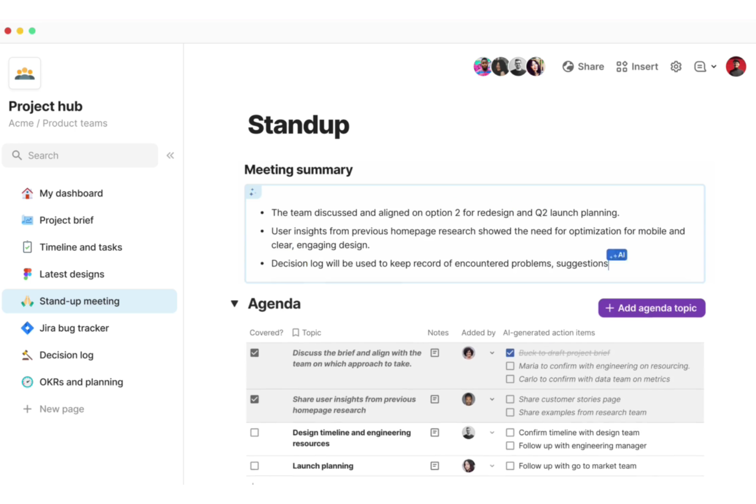Coda standup meeting doc with agenda table and AI-generated action items.