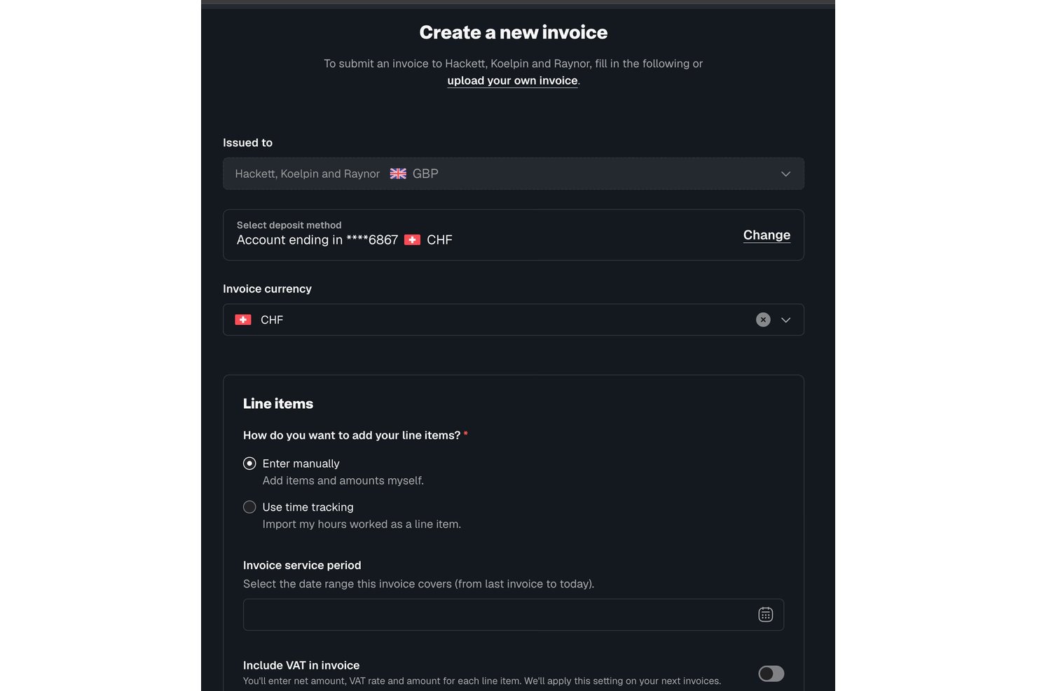 Dark-themed form to create a new invoice with currency and line item options.