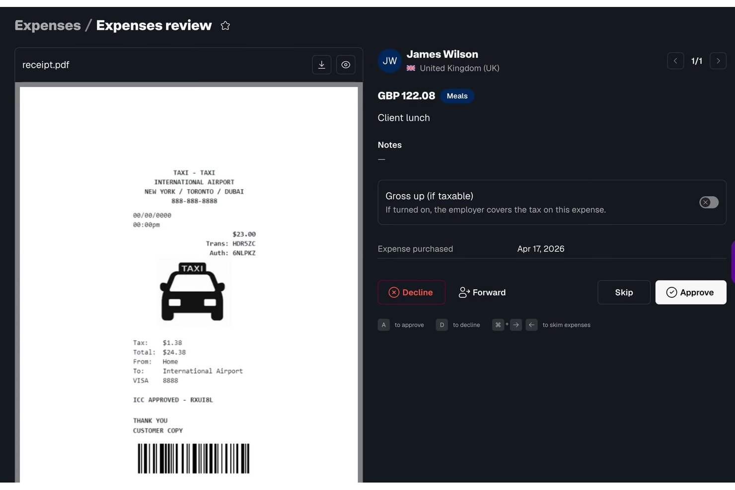 Expense review screen showing a taxi receipt and approval options for a meal claim.