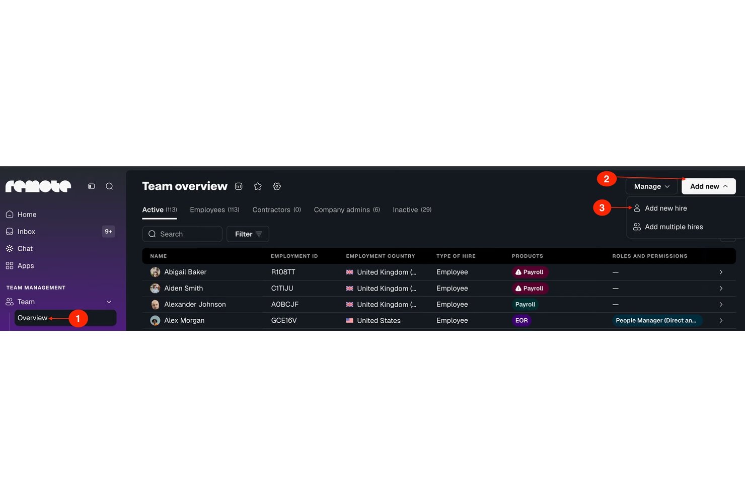 Remote Team overview page showing Add new hire dropdown menu with numbered steps.