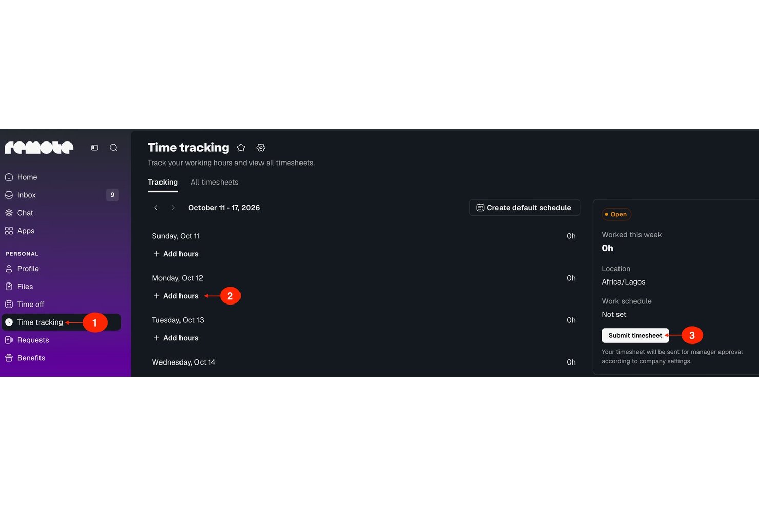 Remote time tracking dashboard showing weekly hours log and submit timesheet button.
